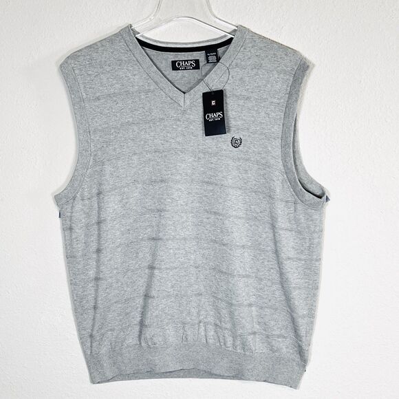 Chaps Mens XL Heather Gray 100% Cotton Sleeveless Sweater Golf Vest Logo NWT - Picture 2 of 10
